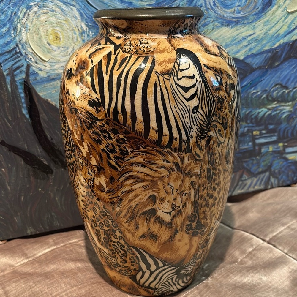 Vintage Safari Ceramic Vase Zebra, Giraffe, Lion, Tigers Flower Vase By La Vie
